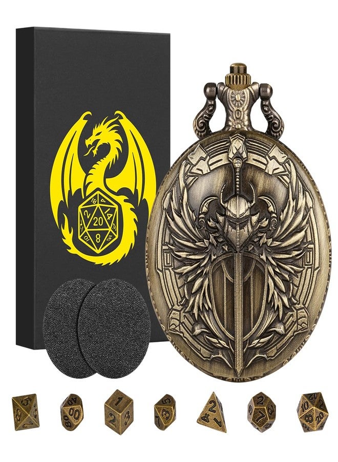 Keller & Weber Mini DND Dice Set with Steampunk Paladin Pocket Watch Shell Case, DND Starter Set, 7pcs Polyhedral Mini Metal Dice Set, D&D Gifts with Gift Box, Role Playing Board Game Accessories,Bronze - Image 1